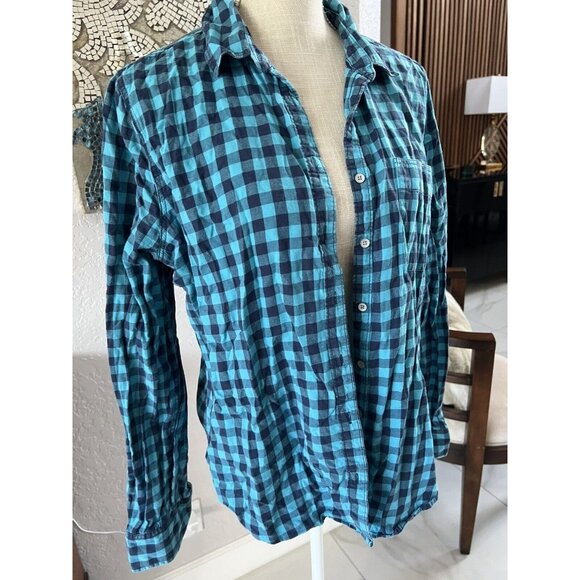 Blue & Black Plaid Button-Up Shirt For Women Long Sleeve Cotton Blend Casual Fit - Picture 3 of 4